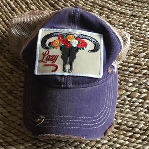 Lazy J Purple Distressed Trucker Hat with Floral Bull Patch